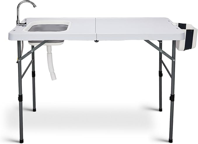 Folding Fish Cleaning Table Portable Camping Sink with Faucet Drainage Hose Portable Camping Sink Station with Drain Hose Trash Can Foldable Outdoor Sink for Camping Fishing BBQ
