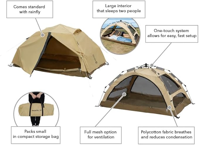 DOD Duo 1Pull Tent - 2 Person Breathable Polycotton Inner Tent - Waterproof Instant Setup Dome Camping Tent with Enclosed Awning - Easy Pop Up - Tan