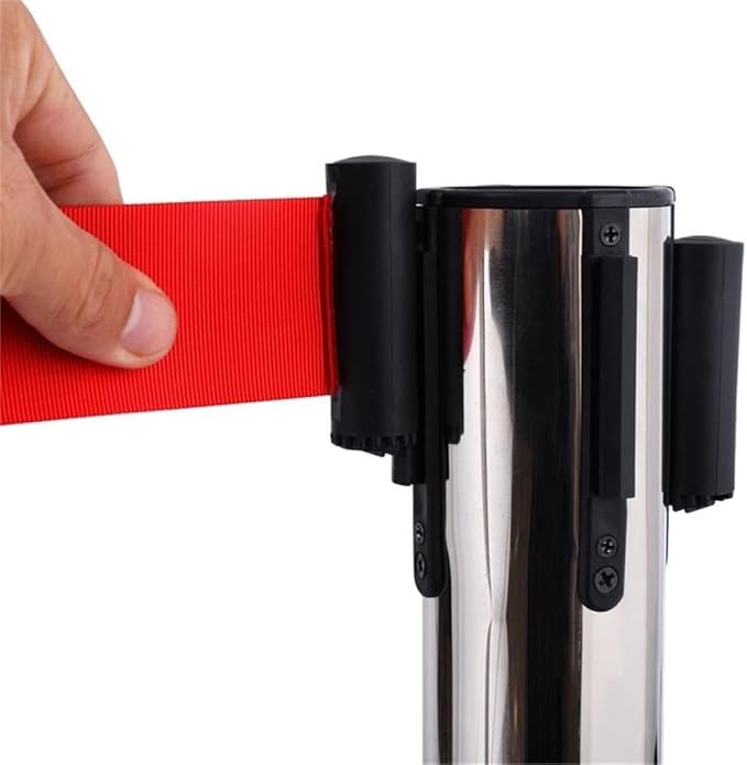 Pemberly Row Stainless Steel Queue Poles 35 in Height Silver with Red Belts Set of 6 Rust-Resistant Finish Stable Cement-Filled Base Rubber Floor Protection Crowd Control for Public Spaces