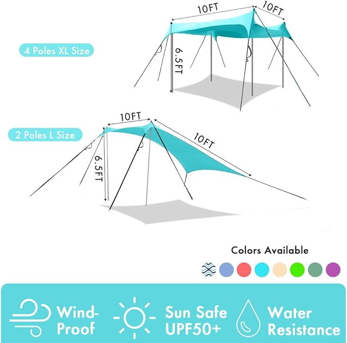 Beach Shade Windproof Design Sun Shelter UPF50+ Portable Family Canopy Tent with 8 Sandbag Anchors 10x10 FT 4 Poles Pop Up Outdoor Shelter for Beach Camping Fishing Backyard and Picnics
