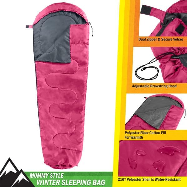 Mummy Sleeping Bag - Adult Cold Weather Sleeping Bag Rated to 25°F - Waterproof with Drawstring Hood - Camping Equipment by Wakeman Outdoors