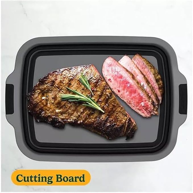 4-in-1 Expandable Prep &amp Serve Tub - 3 Gallon Collapsible Marinating and Brining Container with Cutting Board Lid - Gray