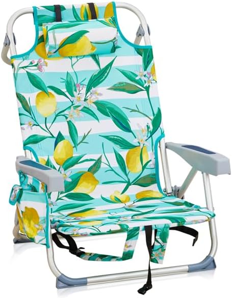 Folding Backpack Beach Chair 4 Position Portable Camping Chair with Headrest Cup Holder and Wooden Armrests (Green 1 Pack)