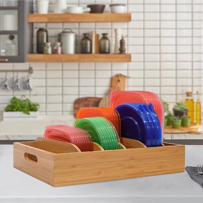 Bamboo Lid Organizer Kitchen Pantry Lids Holder with 5 Adjustable Dividers for Cabinets Food Storage Container Organizers