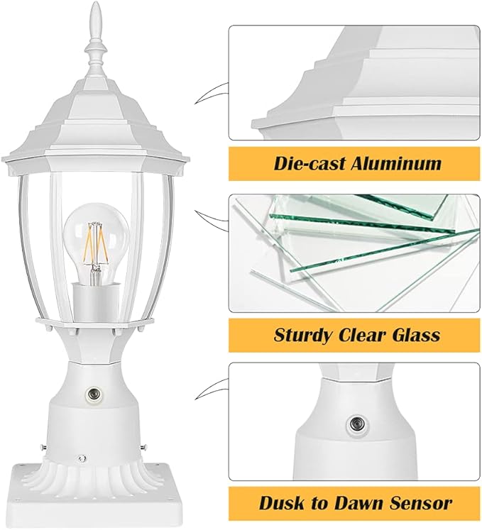 PARTPHONER Dusk to Dawn White Outdoor Post Light with Pier Mount Base Waterproof Pole Lantern Light Fixture Exterior Lamp Post Lantern Head with Clear Glass Panels for Garden Patio Pathway