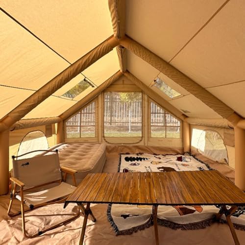 Large Luxury Inflatable Camping Tent Cotton Canvas Tent Breathable and Waterproof Air Tent with Skylight and Stove Jack Hole for for 4-6-8-10 Person Family Camping