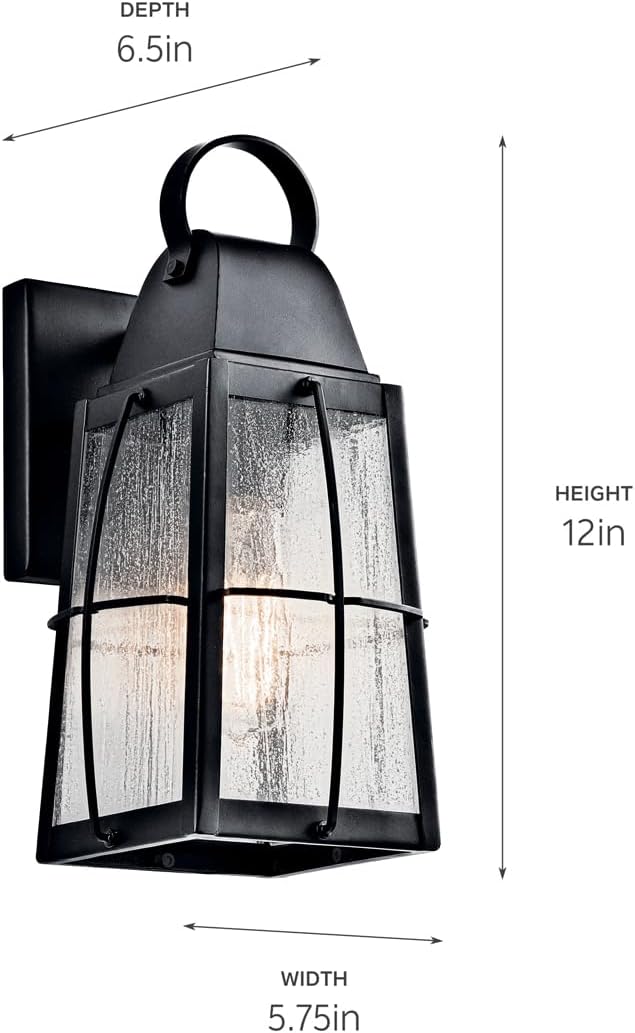 Kichler Tolerand 12 Outdoor Wall Light in Textured Black 1-Light Exterior Wall Sconce Porch Light with Clear Seeded Glass (12 H x 5.75 W) 49552BKT