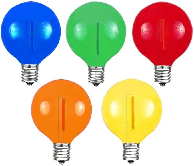 Novelty Lights 25 Pack Multicolor G40 LED Filament String Light Bulbs E12/C7 Candelabra Base 5 Watt Equivalent Shatterproof Replacement Bulbs for Patios Canopy Lighting
