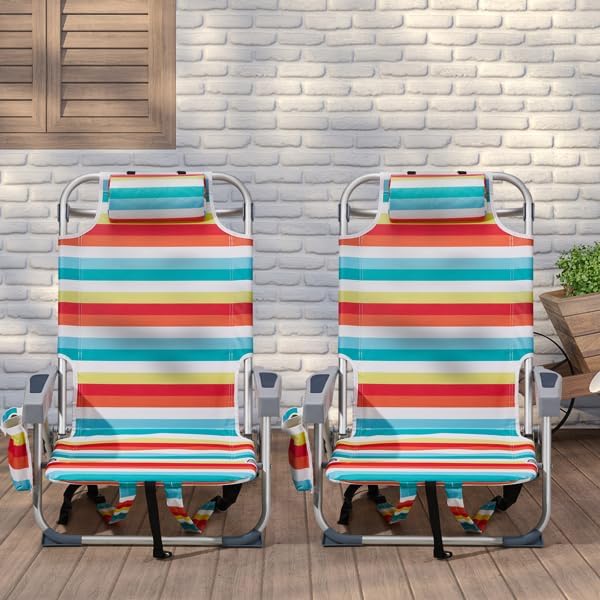 Backpack Beach Chair for Adults 5-Position Portable Outdoor Reclining Camping Chair Lightweight Folding Chairs with Headrest Cup Holders Cooler Bag Towel Bar Shoulder Strap (Rainbow)