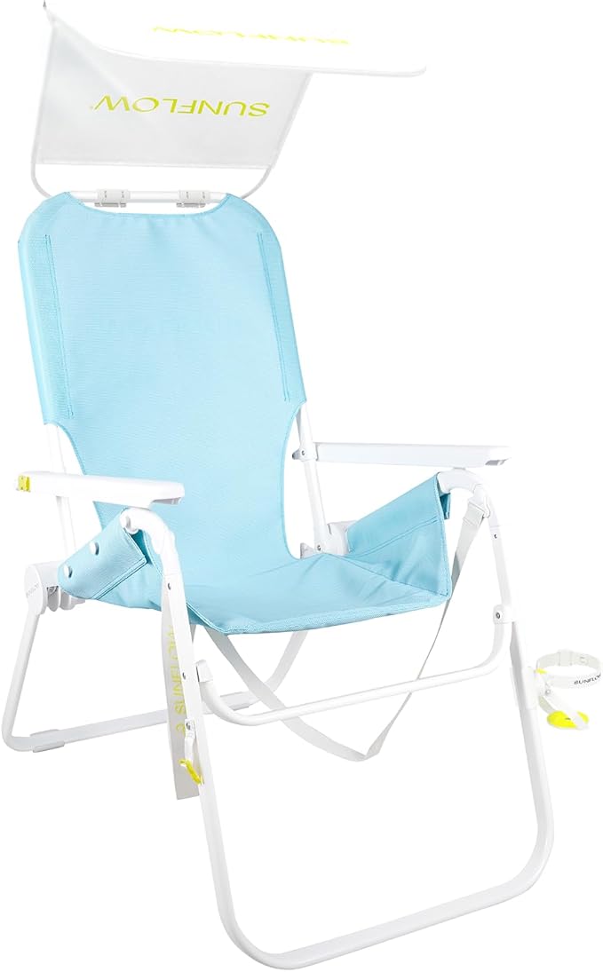 SUNFLOW The Tall Sand Dune Premium Beach Chair Portable Rust-Resistant Adjustable Reclining Lounger with UPF 50+ Sun Shade and Drink Holder for The Ultimate in Comfort - Sky Blue