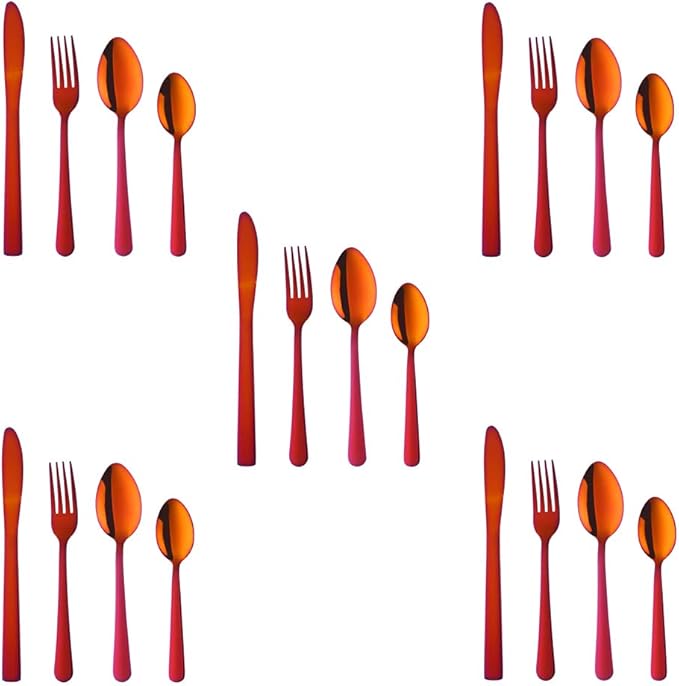 Buyer Star 20-Piece Rainbow Red Silverware Flatware Set for 5 Light Weight Cutlery Sets for Travel Camping Hand Polish Dishwasher Safe
