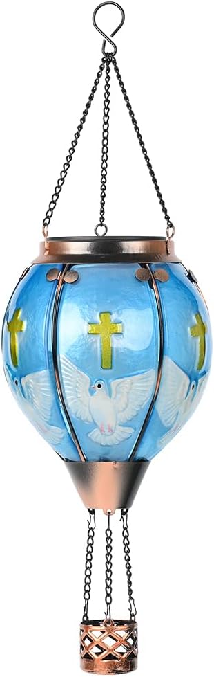 Hot Air Balloon Solar Lantern - Bluebird Glass Lantern Simulated Flickering &amp Dancing Flame Outdoor Hanging Yard Light Waterproof IP65 for Patio Lawn Porch Decor Gift