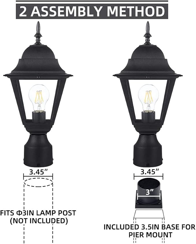 Outdoor Post LightWaterproof Cast Aluminium Lamp Post Light FixturePost Lantern with Pier Mount BaseMatte Black16.5inSuitable for GardenYardDrivewayetc