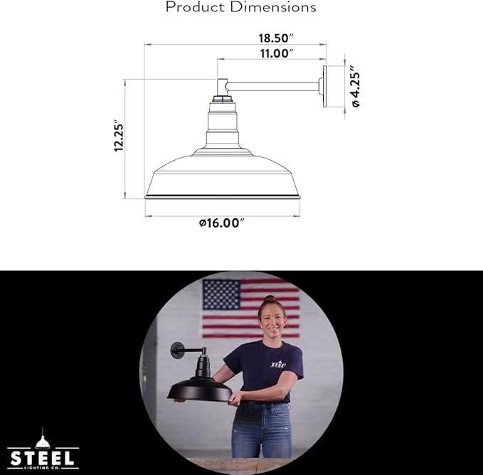 Steel Lighting Co. | Dusk to Dawn | Gardena Barn Light | Outdoor Wall Mounted | 16 Dome | 11 Straight Arm | Farmhouse Light Made in America | Matte Black Exterior/White Interior