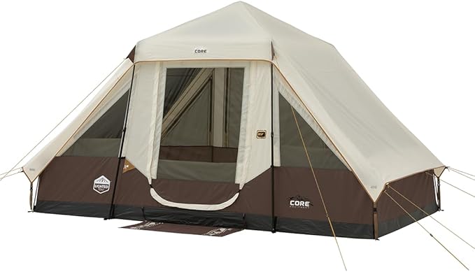 CORE Instant Cabin Tent with LED Lights | Large Family Lighted Pop Up Tent with Carry Bag for Camping Glamping and Backyard Adventures | Included Storage Pockets for Camp Accessories