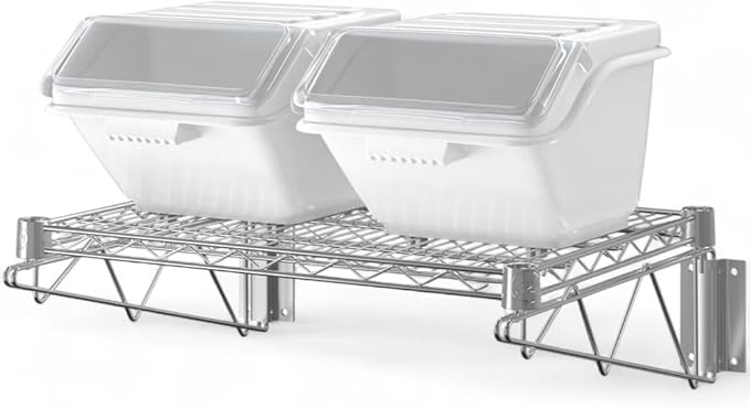 18 x 24 Chrome Wall-Mounted Wire Shelf Kit with Clip-in Ingredient Storage Bins Heavy-Duty Steel Rack Supports up to 600 lb Flip-Top Lids Open-Wire Design for Kitchen/Prep/Storage