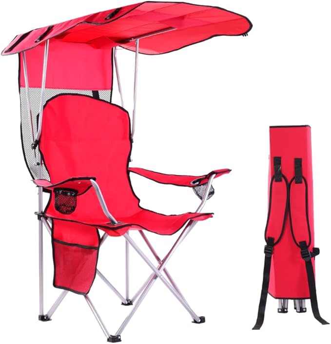 EZONE Folding Canopy Camp Chair for Outdoors Shade Canopy Portable Chair Camping Tailgates Beach Pool Lawn Chair Sunshade Travel Chair Folding Camping Chair (Upgraded - Red)