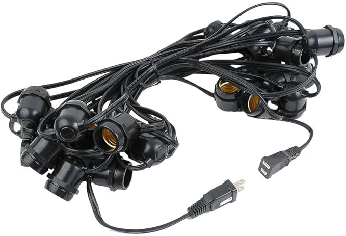 Novelty Lights 37.5 Feet Heavy Duty Light String with 25 in-Line E26 Sockets Black Wire PVC Commercial Grade Stringer 18 Spacing End-to-End Connectable No Bulbs