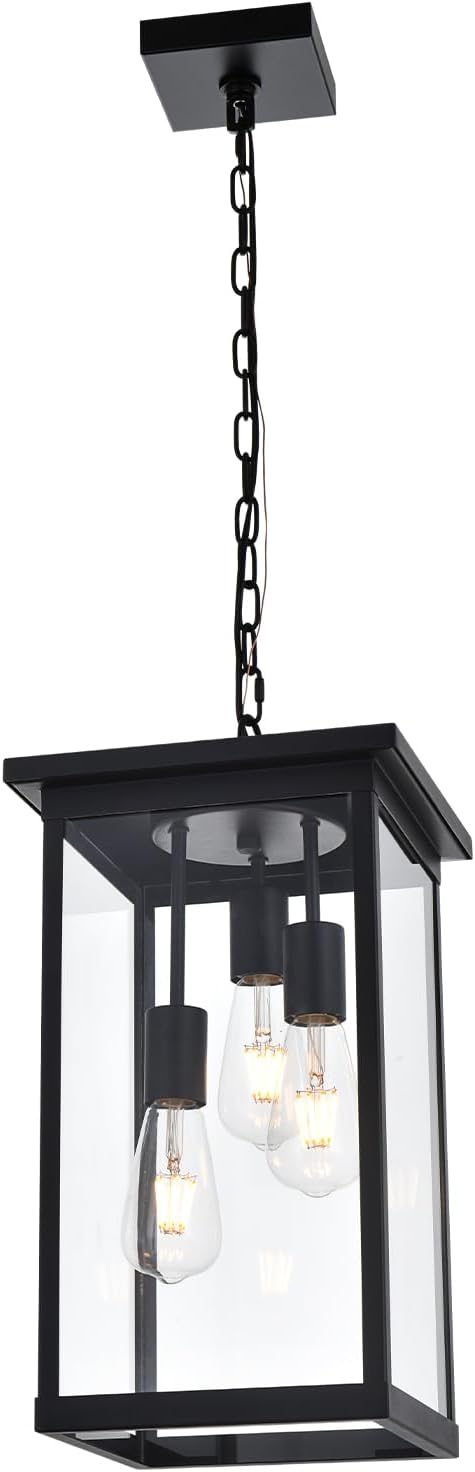 3-Lights Large Outdoor Pendant Light with Clear Glass Exterior Hanging Lantern Matte Black Height Adjustable Hanging Light Fixture for Porch Patio Damp Locations E26 Base