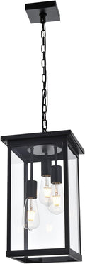 3-Lights Large Outdoor Pendant Light with Clear Glass Exterior Hanging Lantern Matte Black Height Adjustable Hanging Light Fixture for Porch Patio Damp Locations E26 Base