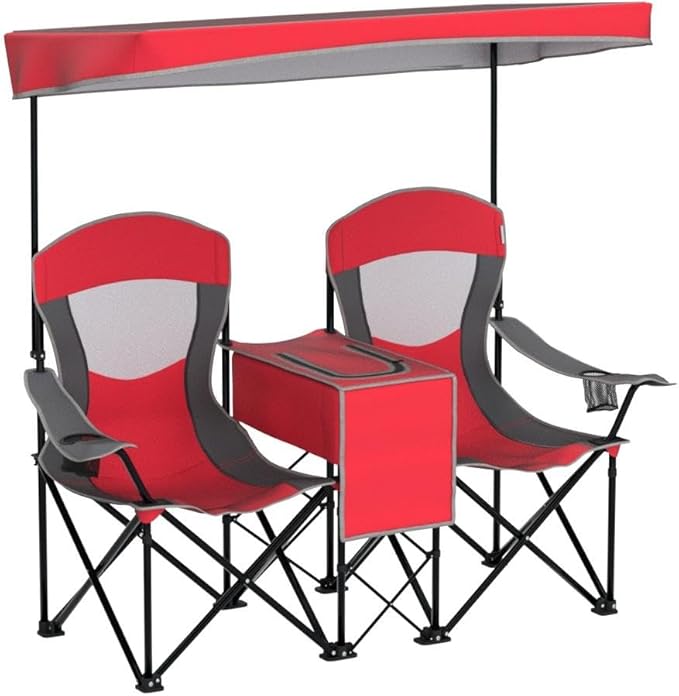 S AFSTAR Double Camping Chair w/Shade Canopy 2-Person Folding Camp and Beach Chair with Mini Table Beverage Cup Holder Carrying Bag Collapsible Camping Chairs for Garden Patio Pool Beach