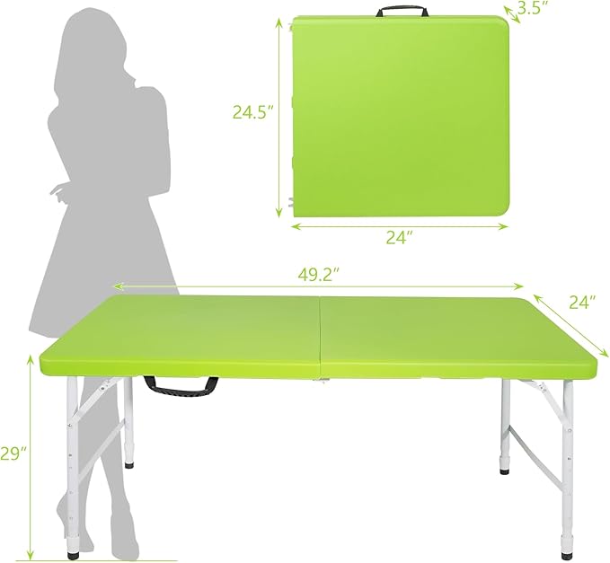4 Foot Folding Table Utility TablePortable 4Ft Adjustable Height Folding Table Heavy Duty Fold-in-Half Table Small Utility Foldable Table Camping Table for Dining Picnics (Green)