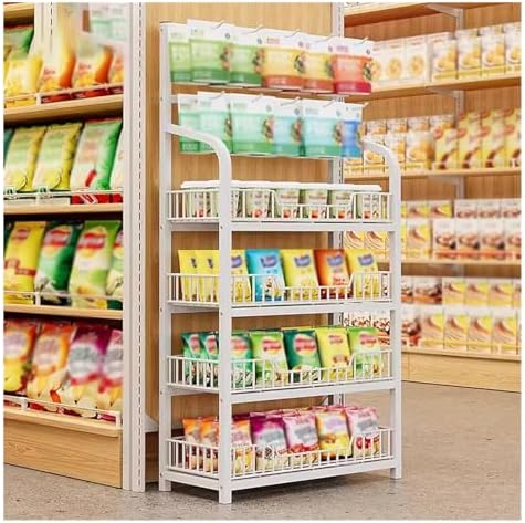 4/5 Tier Retail Display Shelves Metal White Black Supermarket Snacks Candy Storage Stand with Hooks Large Snack Organizer Pantry Kitchen Home Theater MovieWhite4 Tier50x27x146cm