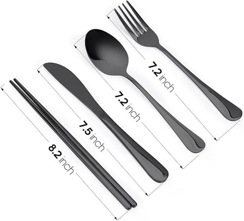 16 Pieces for 4 Persons Chopsticks and Forks Set Silverware Set Kitchen Utensils Set Cutlery Set Flatware Set Dishwasher Safe Mirror Effect for Picnic Camping Barbecue Black