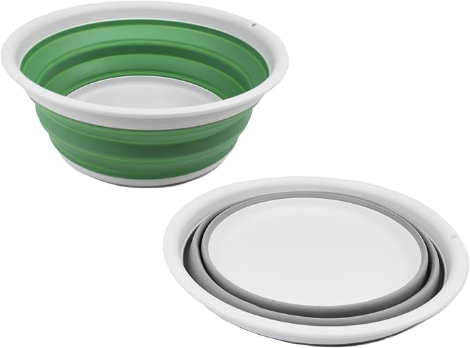 SAMMART 7.5L Set of 2 Collapsible Tub - Foldable Dish Tub - Portable Washing Basin - Space Saving Plastic Washtub (Grey + Dark Sea Green)