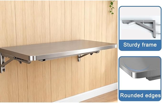 304 Stainless Steel Folding Table Wall Mount Concession Shelf Laundry Kitchen Floating Tables Hanging Foldable Workbench Drop Down Food Truck Shelves(120x40cm/48x16in)