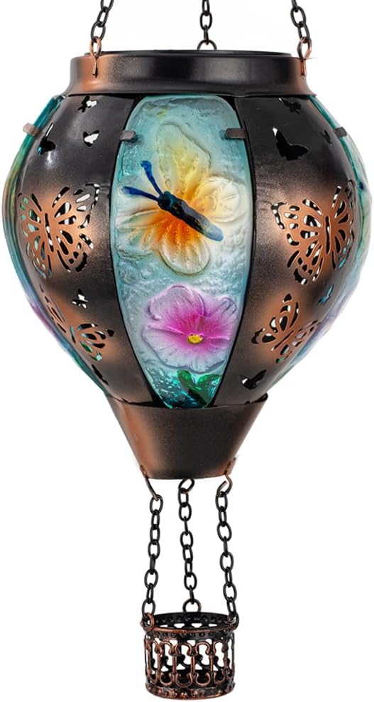 DREAMSOUL Butterfly Hot Air Balloon Solar Lantern Glass &amp Metal Outdoor Lantern Hanging Solar Lanterns Outdoor Waterproof for Garden Patio Party