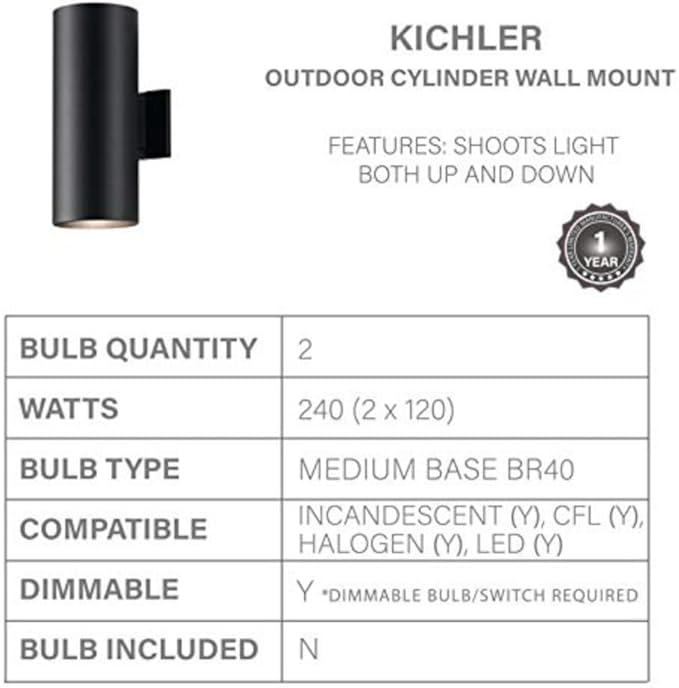 Kichler Cylinders 15 2-Light Outdoor Cylinder Wall Sconce in Black (15 H x 5.75 W) 9246BK