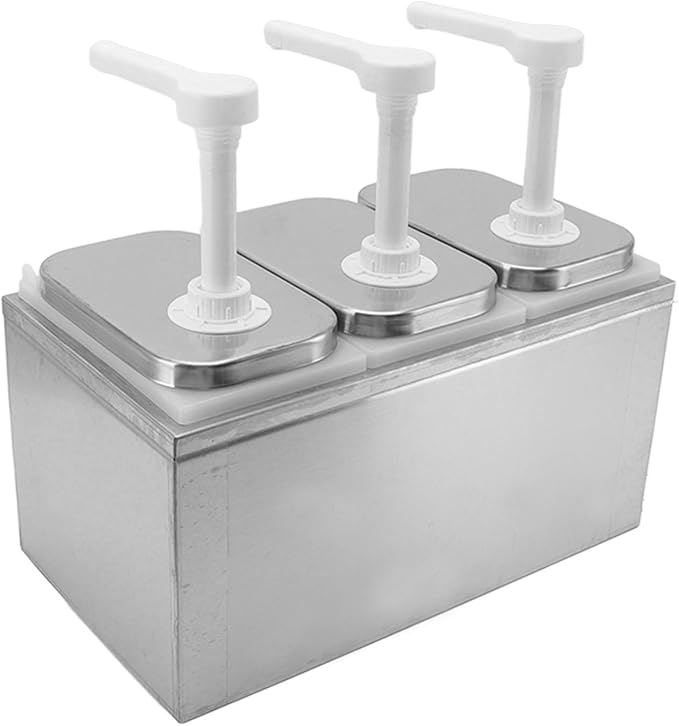 Condiment Pump Station Sauce Dispenser Stainless Steel and Plastic Syrup Pump Dispenser with 30ml Squeeze Capacity Kitchen Sauce Pump for Ketchup Mustard Honey Milk Chocolate Oil (2L Triple Pump)