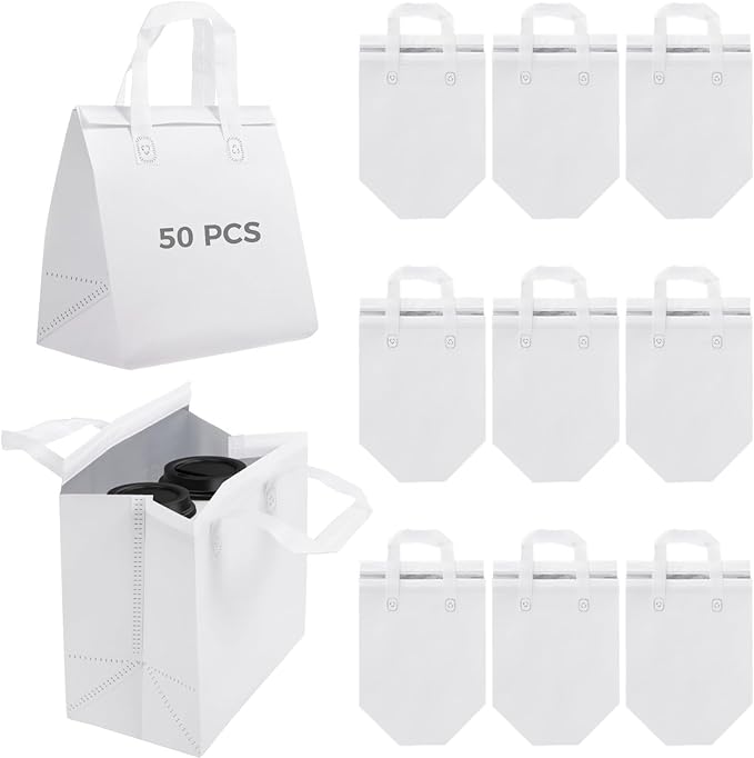 Insulated Take Away Bags Hot Cold Food Cooler Bags Pizza Delivery Bags 50 Pcs Bulk Food Bags Thermal Insulation for Coffee Milk Tea Grocery Restaurant 9.5 X 6 X 9.5 Inches