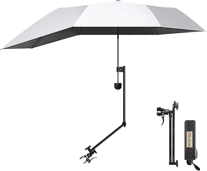 Upf 50+ Chair Umbrella With Clamp/Sun Shade - Portable Umbrella For Sports &amp Outdoors - Secure Clamp 360-Degree Swivel Adjustable Position For Maximum Sun Protection