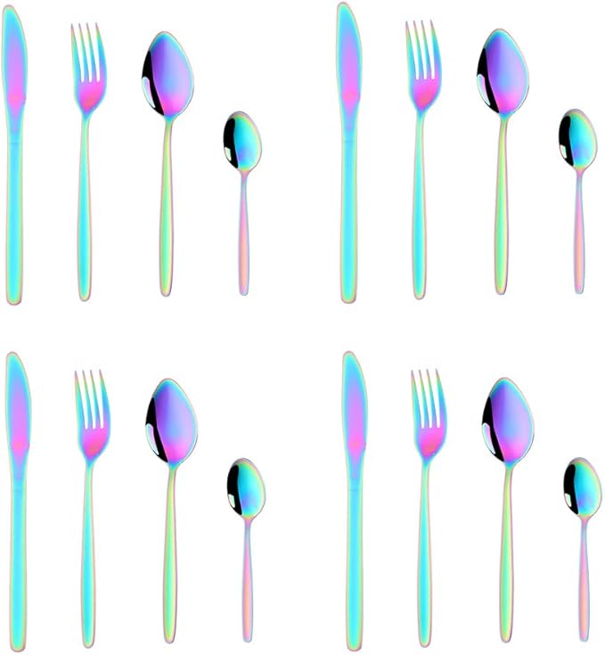 BuyGo Rainbow Silverware Flatware Set 16-Piece Light Weight Stainless Steel Eating Utensil Service for 4 Include Knife Fork Spoon Dishwasher Safe