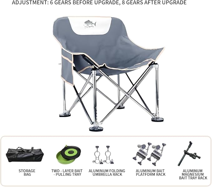 Super Large All-Terrain Camping Chair 8-Level Height Adjustment Outdoor Fishing Chair Leisure Chair one-Click Folding for Easy Carrying can Bear a Weight of 400 pounds (Fishing Chair Grey)