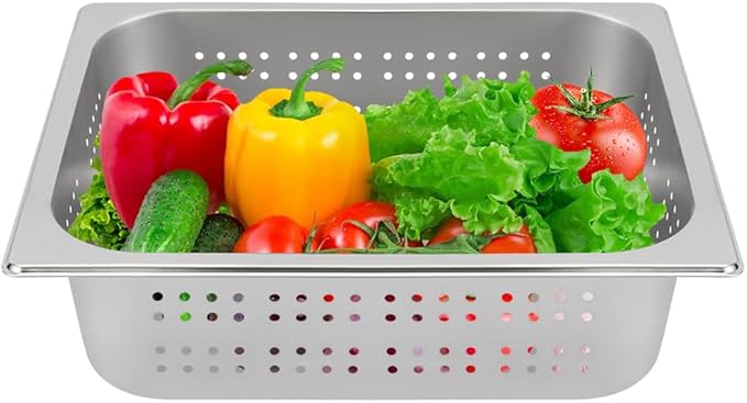 1 Set 1/2 Size Stainless Steel Steam Hotel Pan Steam Table Pan Food Service Pan for Party Kitchen Restaurant Hotel w/Perforated Pan + Lid