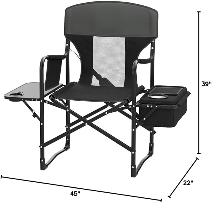 Giantex Camping Chair with Side Table Storage Pocket Cooler Bag Shoulder Strap Handle Support 400 Lbs Folding Directors Chair for Artist Makeup Lawn Fishing Picnic Black