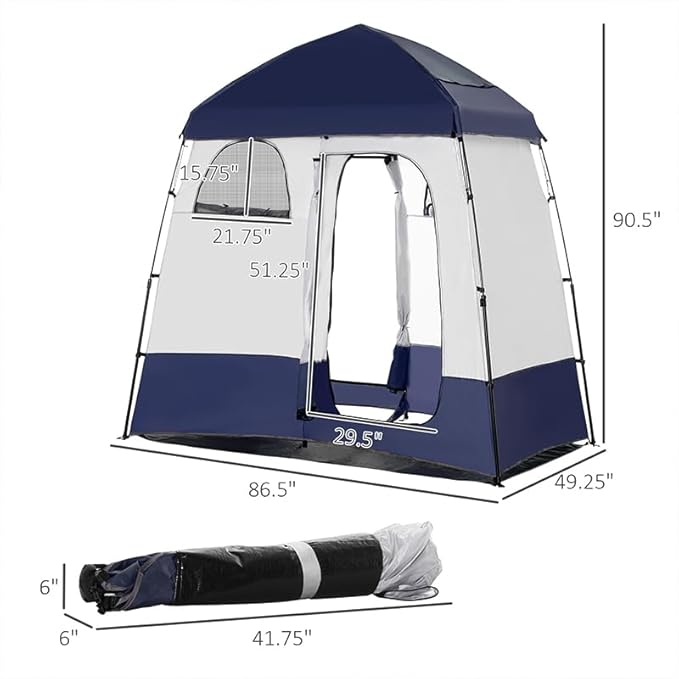 Outsunny Shower Tent Pop Up Privacy Shelter for Camping Dressing Changing Room Portable Instant Outdoor Shower Tent Enclosure w/ 2 Rooms Shower Bag Floor and Carrying Bag Blue