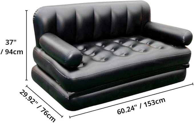 Folding Portable Inflatable Sofa Twin Bed Lazy Flocking Queen Size Air Bed Mattress - Great for Pop Up Indoor Living Room and Outdoor Balcony Backyard Camping Picnic RV + Foot Pump (Black)