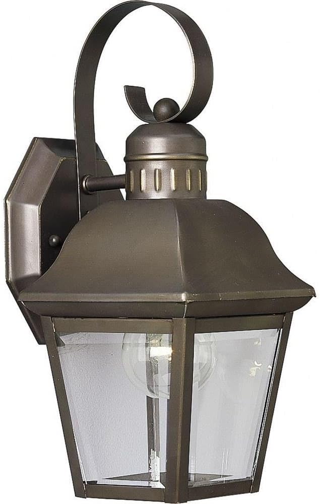 Andover Collection 1-Light Clear Beveled Glass Farmhouse Outdoor Small Wall Lantern Light Antique Bronze