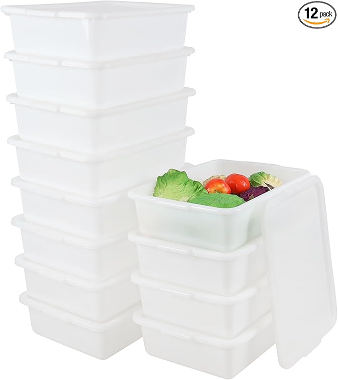 12-Pack 13 L Commercial Bus Tub with Lid Bpa-Free Food Grade White Dish Tote Box