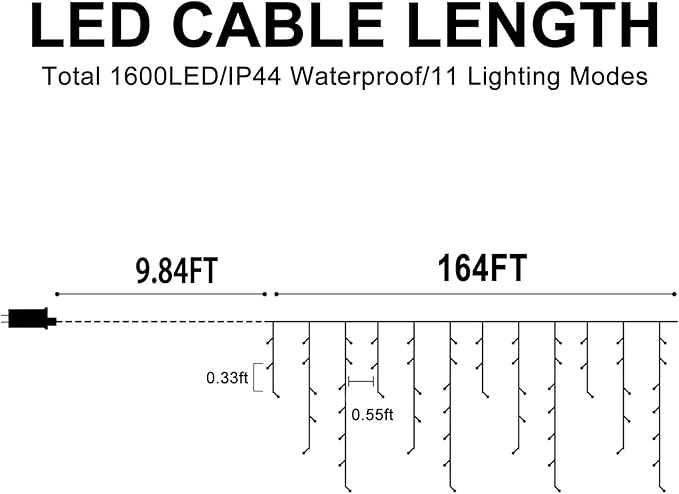 Color Changing Ice Lights 164FT 1600 LED Outside with 320 Drops 11 Modes Timer Waterproof Warm White to Multicolor String Lights for Christmas Eaves Party Decorations