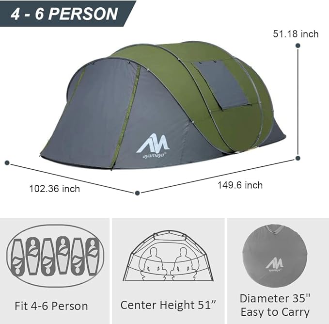 6 Person Easy Pop Up Tents for Camping - AYAMAYA Double Layer Waterproof Instant Tent with Vestibule &amp Porch Large Size Family Tent Automatic Setup for 4-6 People Camping Hiking (Poles Included)