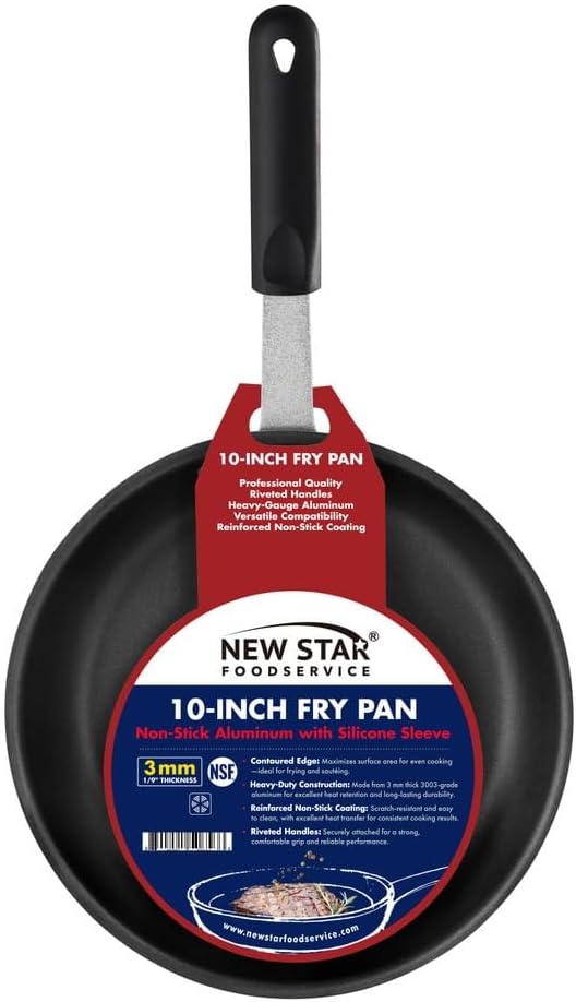 New Star Foodservice 10-Inch Nonstick Aluminum Fry Pan with Heat-Resistant Handle Sleeve 2.0-Inch Depth