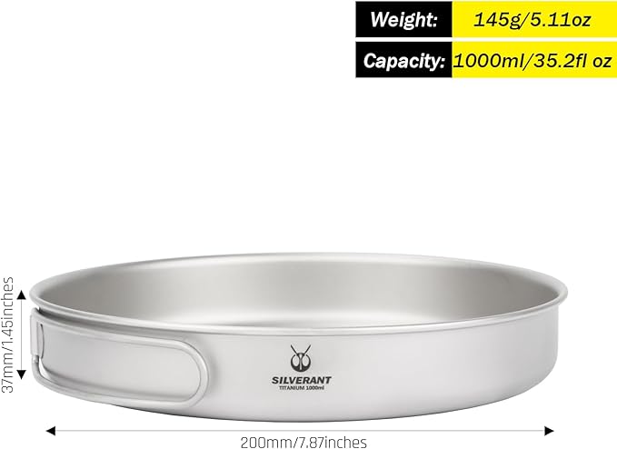 SILVERANT Camping Plate Titanium Pan Dish Plate with Handle &amp Mesh Bag Large Reuseable Ultralight Dinner Plate for Camping Outdoors Backpacking (1000ML)