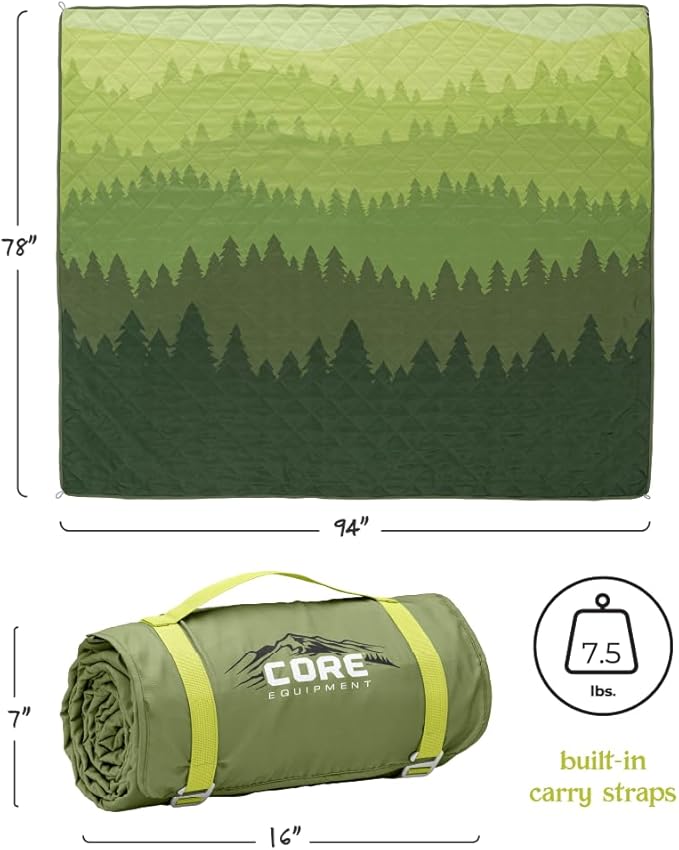 CORE Outdoor Weighted Blanket | Packable Waterproof Picnic Blanket Beach Mat Tent Camping Rug &amp Stadium Blanket | Large Portable 94 x 78 Quilt Design with Built-in Straps and Carry Handle