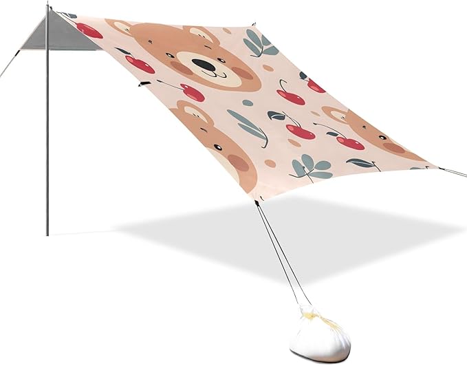 Cartoon Bear Face and Cherry Design Camping Sun Shelter Beach Tent Portable Beach Sun Shade Outdoor Canopy for Camping Trips Fishing Picnic