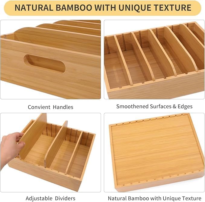 Bamboo Lid Organizer Kitchen Pantry Lids Holder with 5 Adjustable Dividers for Cabinets Food Storage Container Organizers